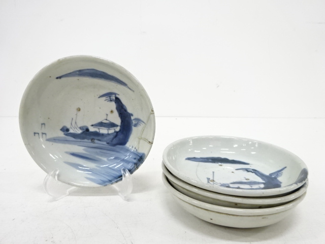 古伊万里　染付　線描き　草花紋の図　３寸半　手塩皿　２枚　E770AS-fbre 古伊万里 染付 線描き 草花紋の図 3寸半 手塩皿 2枚 E770AS